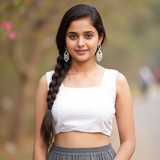 Photograph of a young South Asian woman with long black hair in a braid, wearing a white crop top and gray high-waisted pants,