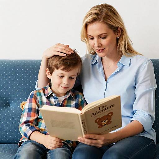 Mother Reading to Son on Sofa