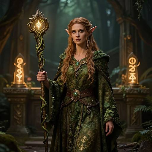 Digital fantasy artwork of a slender, elven woman with long, wavy auburn hair, wearing a green, ornate robe, holding a