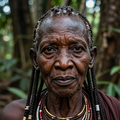 Photograph of an elderly African woman with deep wrinkles, dark skin, and braided hair, wearing beaded necklaces, in a lush forest background