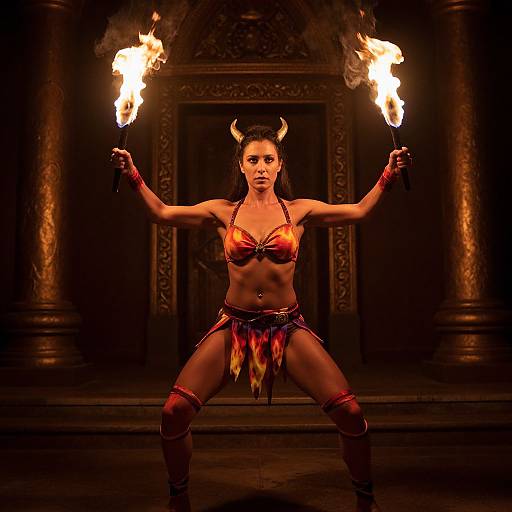 Fierce Fire-Dancing Woman in Ornate Setting