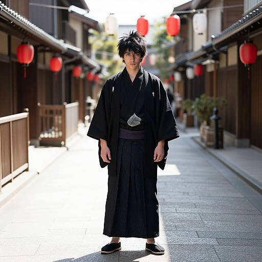 Photograph of a young Asian man in traditional black kimono standing in a sunlit, narrow Japanese street with red lanterns.