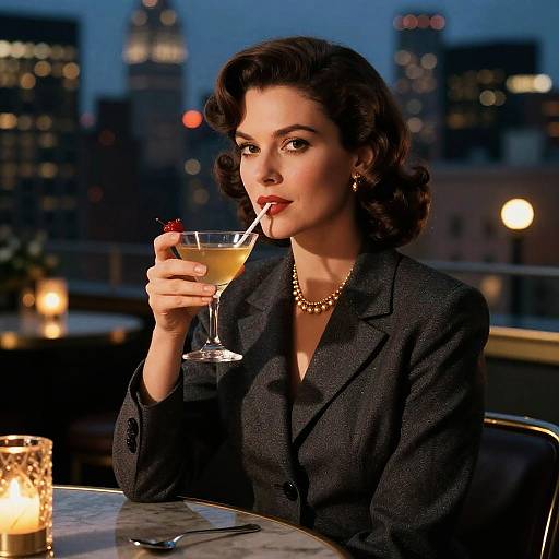 Sophisticated Woman Enjoying Cocktail on Manhattan Rooftop