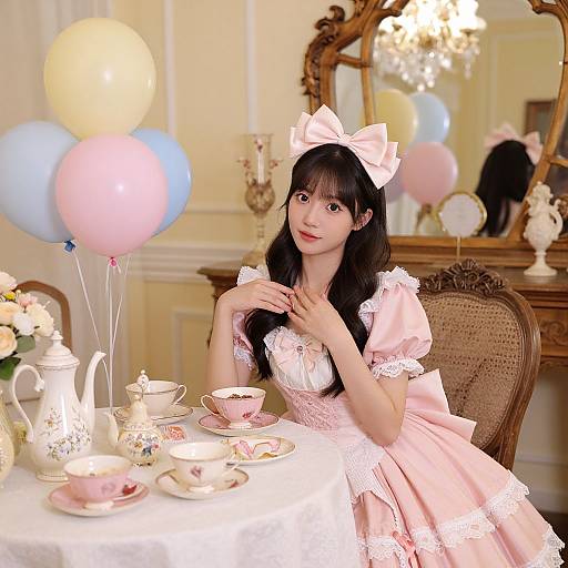 Photograph of an East Asian woman in a pink, lace-trimmed Alice in Wonderland dress, sitting at a tea table with pastel balloons,