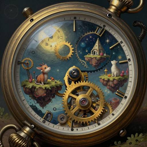Fantastical digital illustration of an antique brass pocket watch with gears, floating islands, a mouse, white cat, church, and moon.