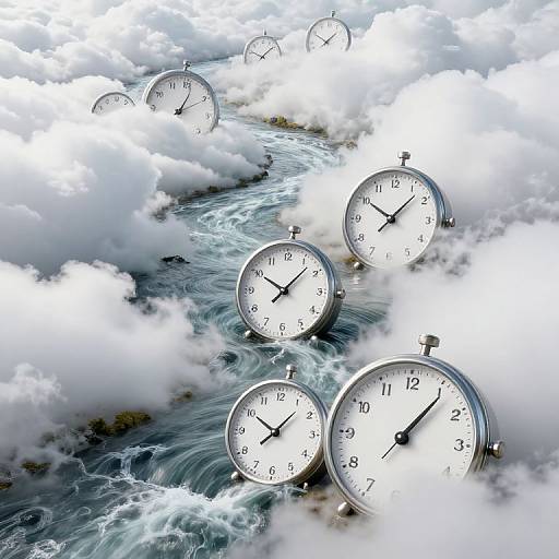 Photograph of six white clocks floating in a turbulent, cloud-covered ocean, with water waves swirling around them. Clocks show various times, emphasizing time