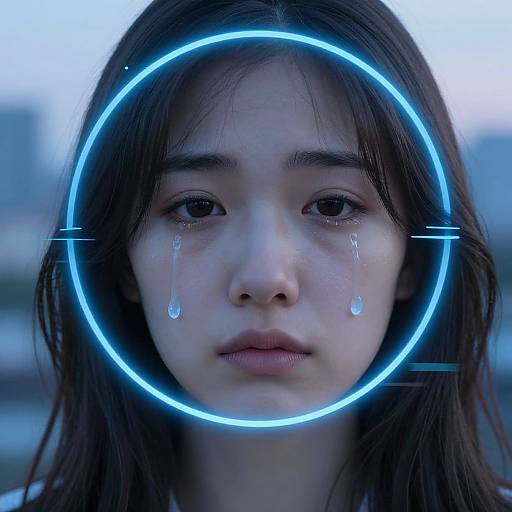 Photograph of a tearful Asian woman with long dark hair, blue glowing ring around her face, blurred urban background.