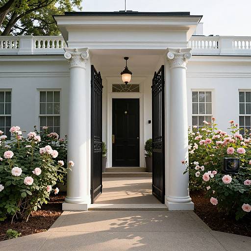Photograph of a classic white colonial house entrance with black double doors, flanked by tall white columns, pink roses, and a lantern above.
