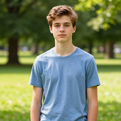 Photograph of a young, white male with light brown hair, wearing a light blue t-shirt, standing in a sunlit, green park.