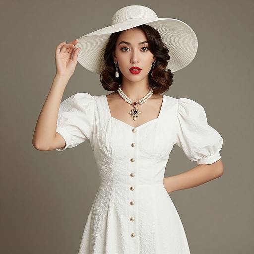 Photograph of an Asian woman with wavy brown hair, wearing a white puffed-sleeve dress, large white hat, pearl necklace, and
