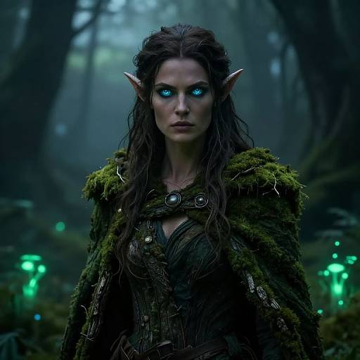 Digital art of an elf woman with glowing blue eyes, long dark hair, pointed ears, and a moss-covered cloak, standing in a foggy forest