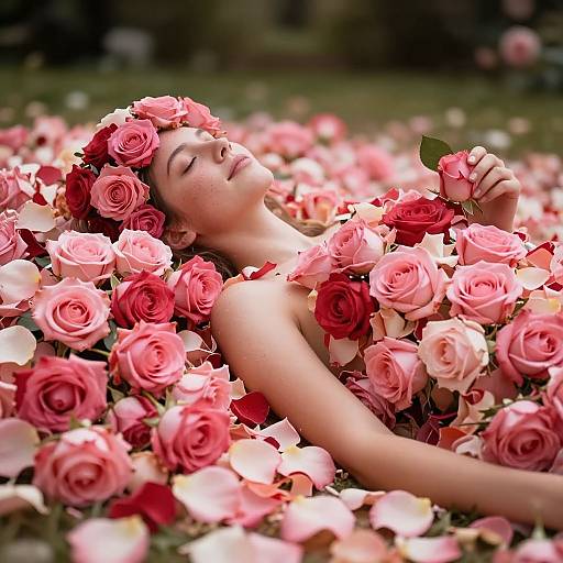 Photograph of a fair-skinned woman with closed eyes, lying among pink and red roses, wearing a floral crown, serene expression.