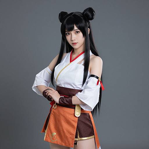 Cosplay photograph of an East Asian woman with long black hair in double buns, wearing a white and brown traditional outfit with orange sash, standing