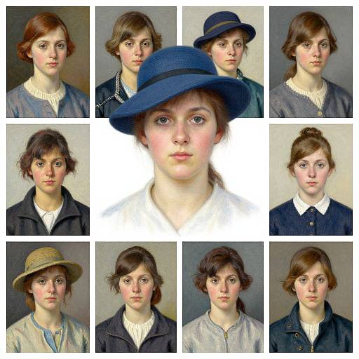 Photographic collage of nine vintage portraits of a young woman with fair skin, brown hair, and blue eyes, wearing various hats and clothing, against neutral