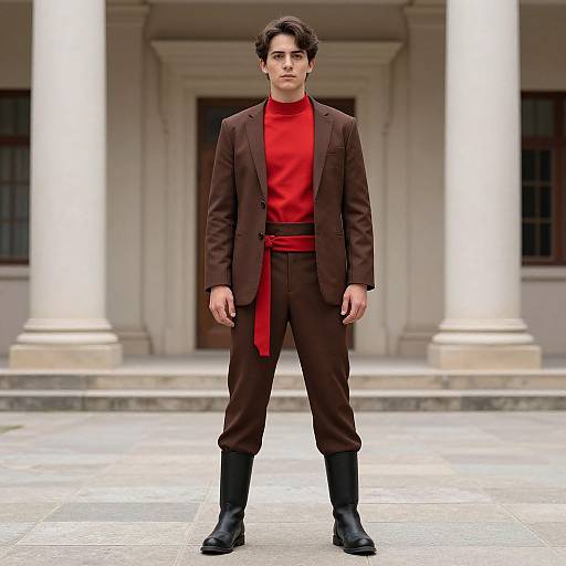 Photograph of a young man with dark curly hair, wearing a brown suit, red turtleneck, and red belt, standing in front of white