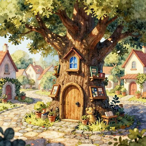 Whimsical digital painting of a wooden, fairy-tale treehouse with an arched door, small window, potted plants, and books,