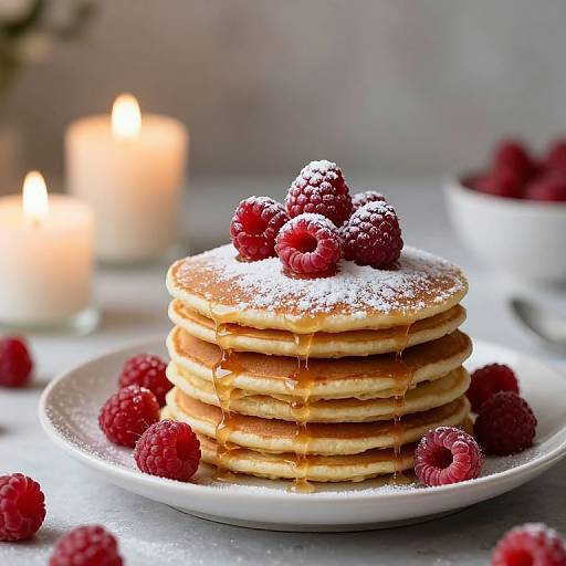 Photograph of a stack of golden pancakes topped with powdered sugar and fresh raspberries, drizzled with syrup, beside lit candles and scattered raspberries