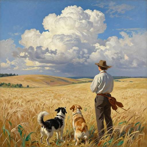 Man and Two Dogs Watching Wheat Field with Cumulonimbus Clouds