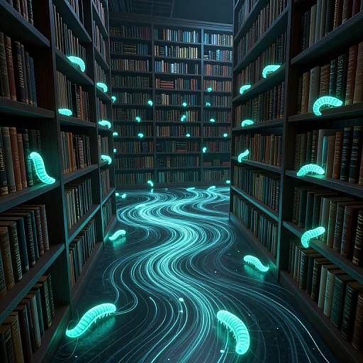 Photograph of a dimly lit, narrow library aisle with glowing blue neon worms on shelves and a swirling blue light trail on the floor.