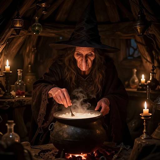 Mystical Witch Brewing in Rustic Hut