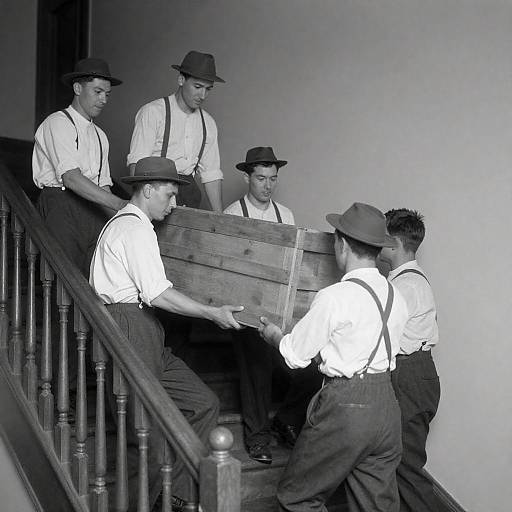 Historic Laborers Carrying Crate on Stairs