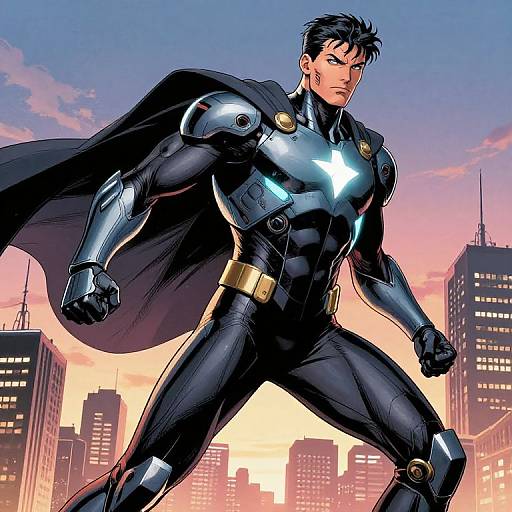 Digital comic-style artwork of a muscular, black-haired superhero in a black, star-emblazoned suit and cape, standing confidently against a sunset city