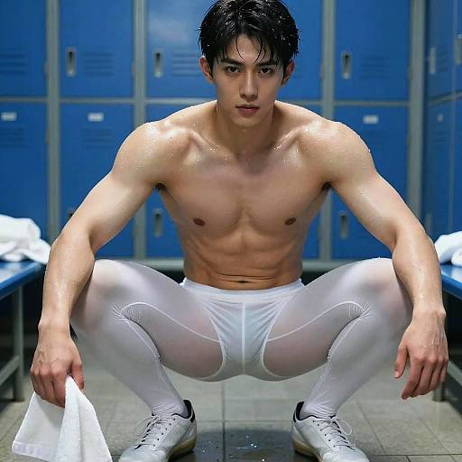 Photograph of a muscular, shirtless Asian man with wet black hair squatting in a locker room, wearing white sheer tights and white sneakers,