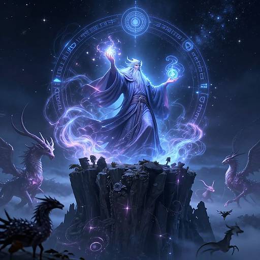 Digital fantasy artwork: Ethereal blue-robed sorceress on rocky pedestal, casting spell with glowing orb, surrounded by mystical creatures and starry sky