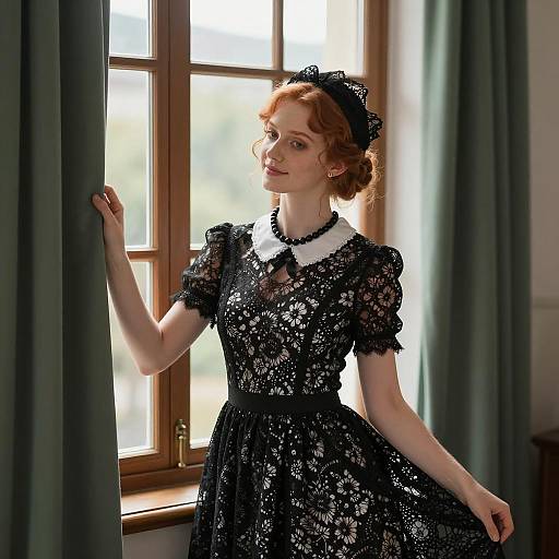 Young Woman in Black Lace Dress by Window