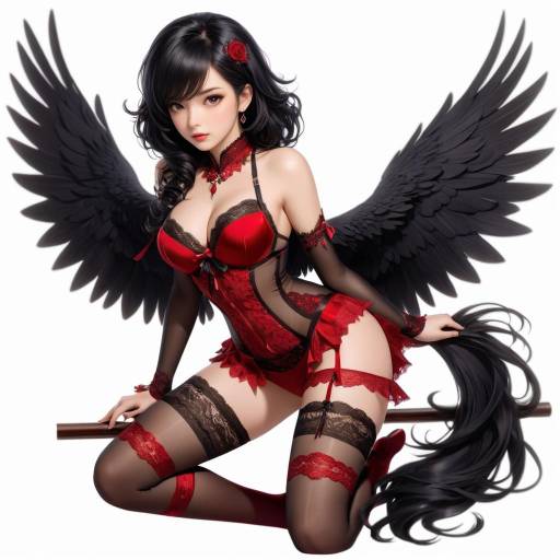 Woman in Red Lingerie and Stockings Squatting