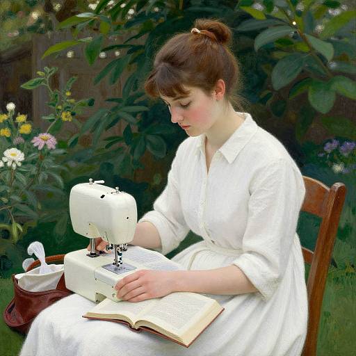Young Woman Sewing in Garden Scene