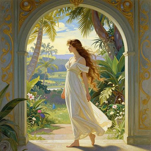 Digital painting of a long-haired woman in a flowing white dress, standing in a sunlit, ornate archway, with lush tropical garden and distant