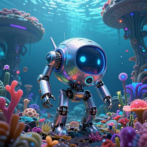 CGI image of a shiny, blue-eyed, metallic robot exploring a vibrant underwater alien landscape with colorful coral and glowing lights.