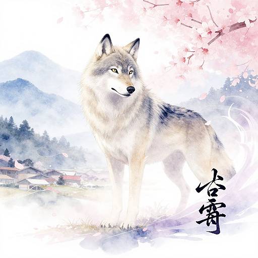 Digital watercolor painting of a gray wolf with white and blue fur, sitting in a snowy landscape with cherry blossoms and Japanese calligraphy.