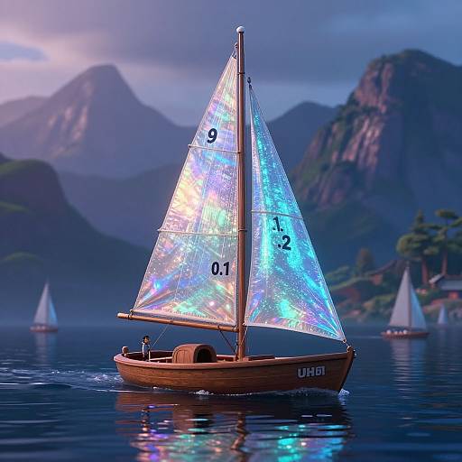 Photorealistic CGI of a glowing, iridescent sailboat labeled 