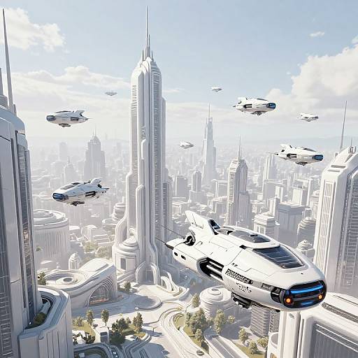 Digital illustration of a futuristic cityscape with flying cars and drones, towering skyscrapers, and a bright blue sky. High-tech, sleek, and