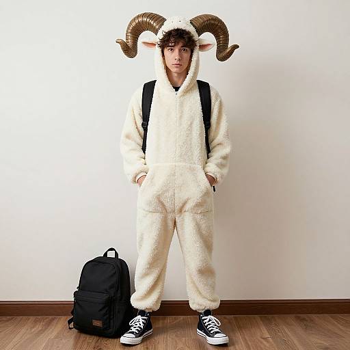Photograph of a teenage boy in a fluffy white sheep costume with large brown horns, black backpack, and black sneakers, standing in front of a white