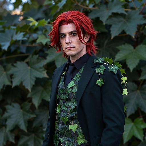 Photograph of a pale, red-haired man with intense gaze, wearing a black suit and leaf-patterned vest, standing against dark green ivy backdrop