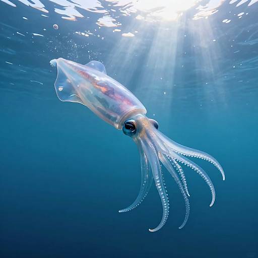 Photograph of a transparent, colorful octopus with elongated tentacles swimming underwater, illuminated by sunlight filtering through the water.