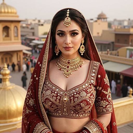 Photograph of a beautiful South Asian bride in an ornate red and gold traditional outfit, adorned with jewelry, standing on a rooftop with a bustling urban
