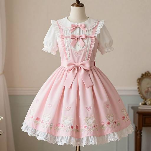 Photograph of a vintage-style, pink, lace-trimmed, puffed-sleeve dress with floral embroidery, bow, and white Peter Pan