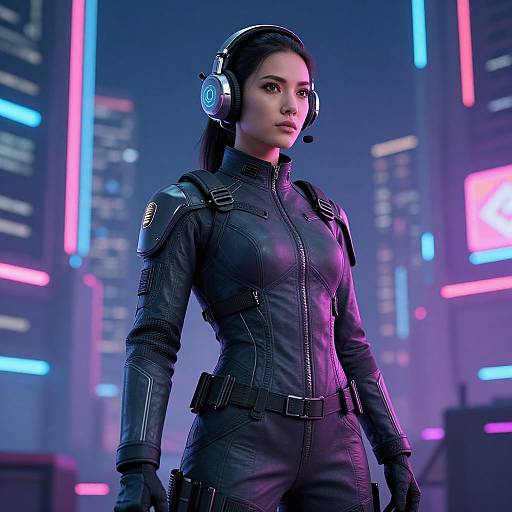 Cyberpunk Military Woman in Neon City