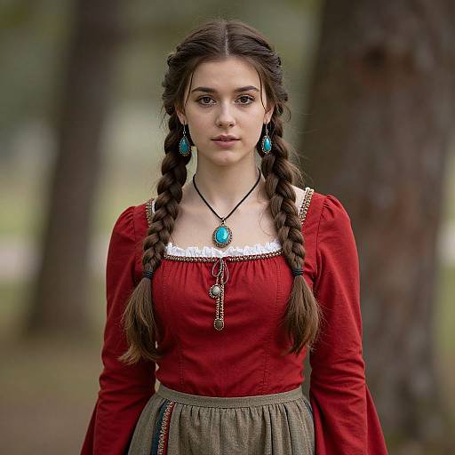 Young woman with braided brown hair, wearing a red dress with white trim, blue earrings, and turquoise pendant, stands in a forest. Photographic
