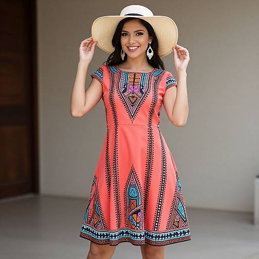Smiling Woman in Coral Geometric Dress