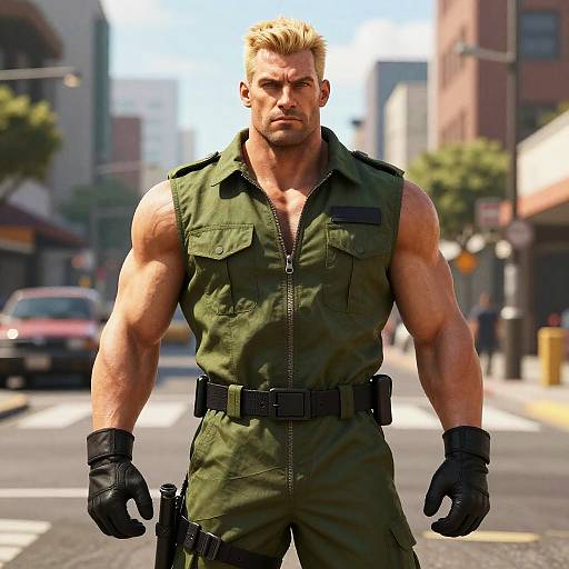 Photorealistic CGI of a muscular, blonde, blue-eyed man in a sleeveless green military-style zip-up outfit and black gloves, standing on a