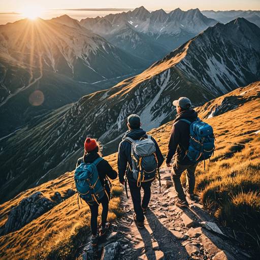 Hikers Walking on Mountain Trail at Sunrise