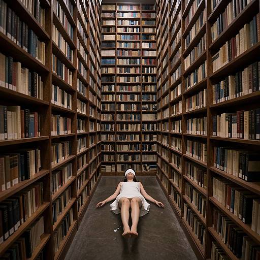 Photograph of a woman in a white dress and headscarf lying on her back in a narrow, towering library aisle filled with bookshelves.