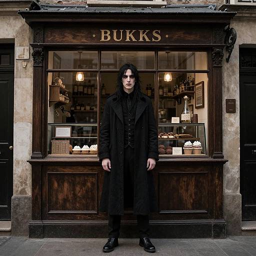 Photograph of a dark-haired man in a long black coat standing in front of a wooden 