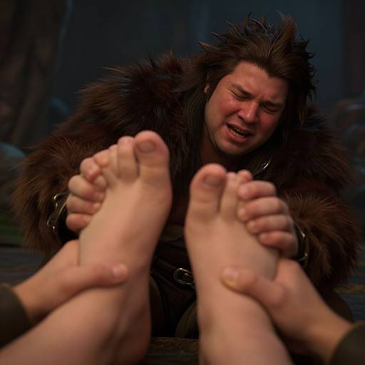 Photograph of a man with spiky brown hair, wearing a fur cloak, smiling while holding and examining bare feet in a dimly lit, forest