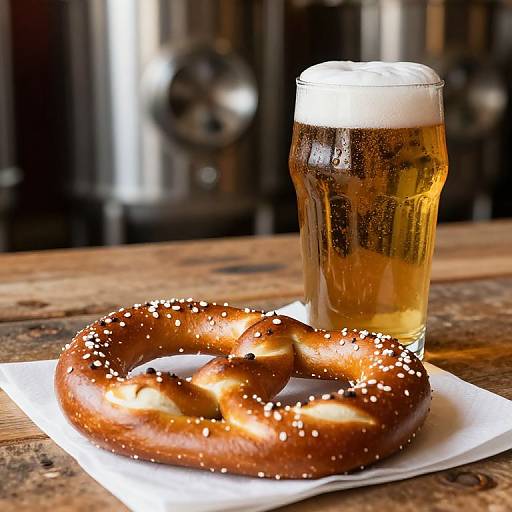 Photograph of a golden-brown, sesame-seeded pretzel on a white napkin, accompanied by a glass of frothy beer on a rustic
